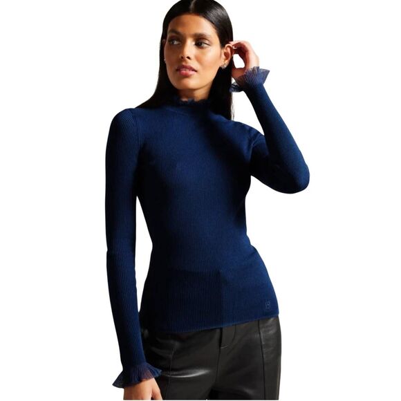 Ted baker Duana Sz 2 US S Midnight blue frill Neck detail light weight sweater - Picture 1 of 8
